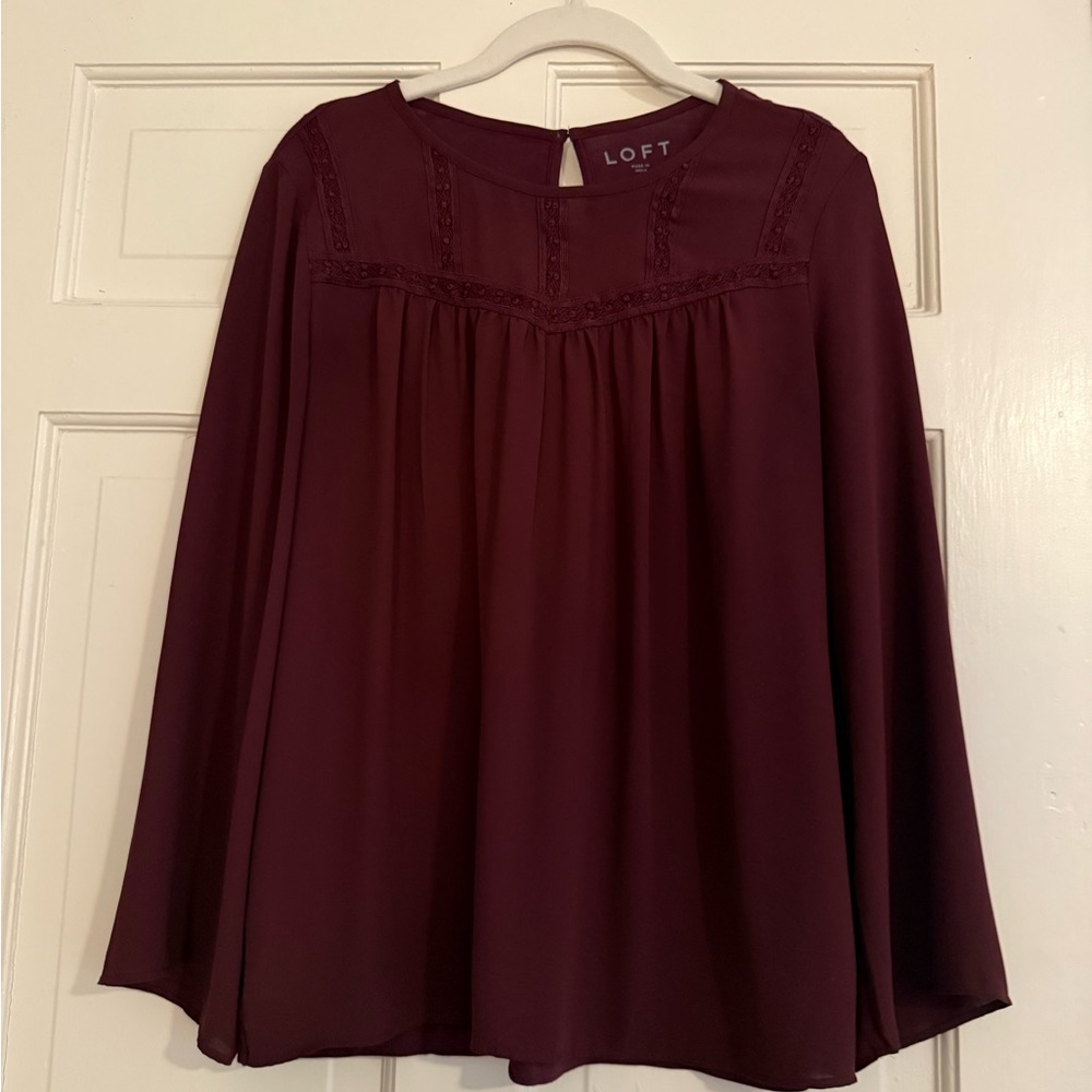 LOFT Red Blouse with Pleated Mandarin Collar